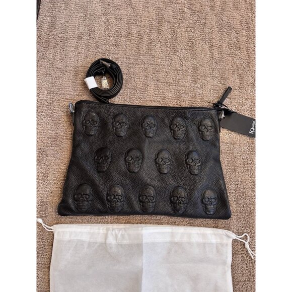 NWT IO Pelle Skull Embossed Italian Leather Crossbody Bag Pouch Clutch Dust Bag - Picture 1 of 9